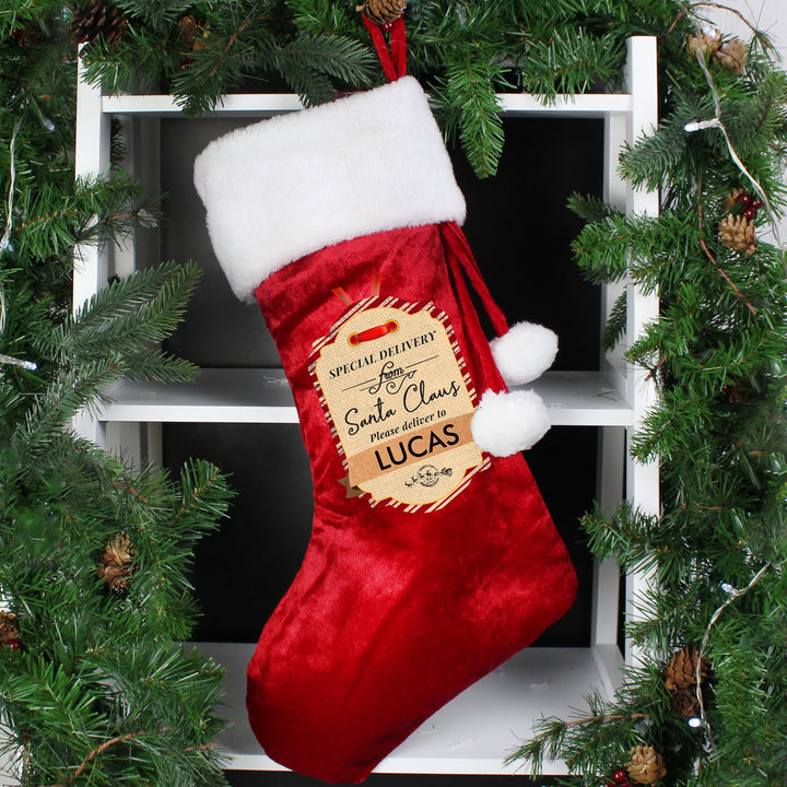 Buy Personalised Special Delivery Luxury Red Stocking at www.giftsfinder.co.uk