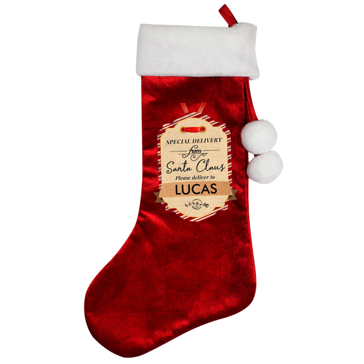 Buy Personalised Special Delivery Luxury Red Stocking at www.giftsfinder.co.uk