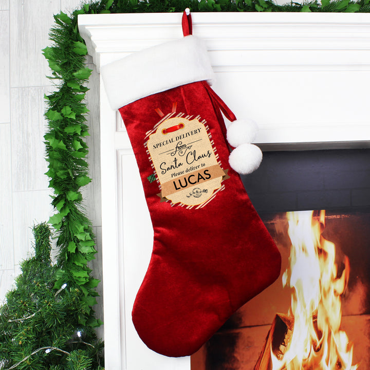 Buy Personalised Special Delivery Luxury Red Stocking at www.giftsfinder.co.uk