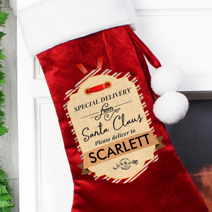 Buy Personalised Special Delivery Luxury Red Stocking at www.giftsfinder.co.uk