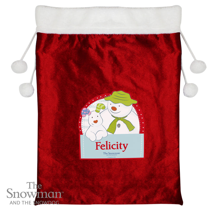 Buy Personalised The Snowman and the Snowdog Luxury Pom Pom Children's Christmas Sack at www.giftsfinder.co.uk