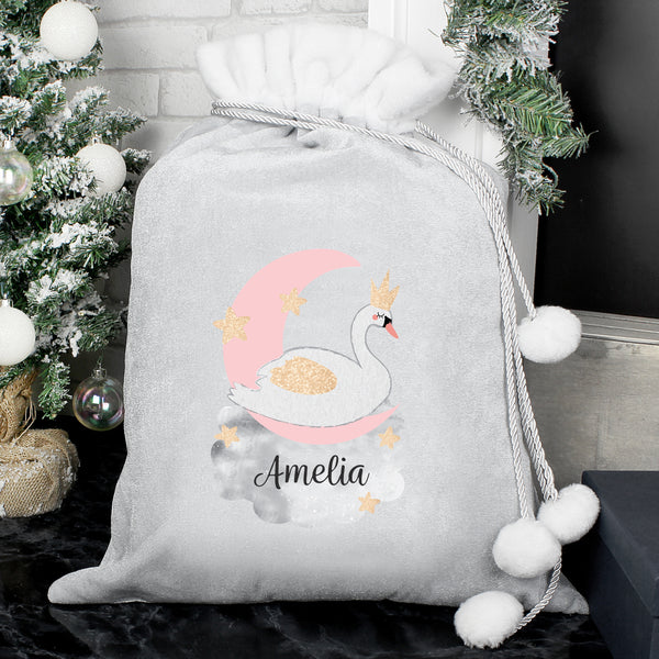 Buy Personalised Swan Lake Luxury Silver Grey Pom Pom Children's Christmas Sack at www.giftsfinder.co.uk