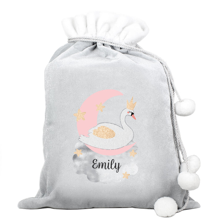 Personalised Swan Lake Luxury Silver Grey Pom Pom Children's Christmas Sack - part of the Gifts Finder Personalised Christmas Sacks collection