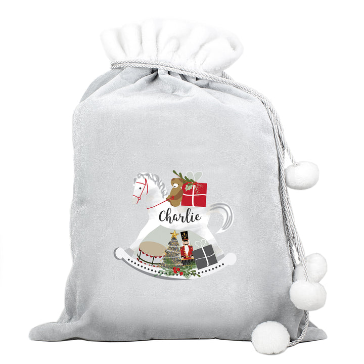 Buy Personalised Rocking Horse Luxury Silver Grey Pom Pom Children's Christmas Sack at www.giftsfinder.co.uk