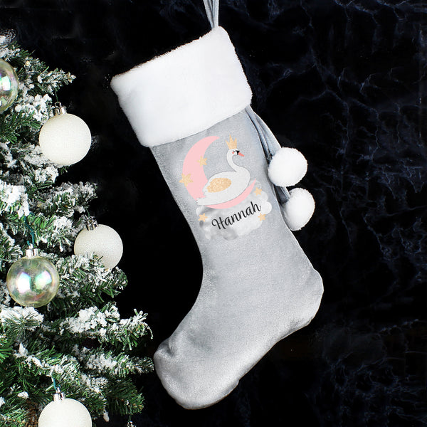 Buy Personalised Swan Lake Luxury Silver Grey Stocking at www.giftsfinder.co.uk