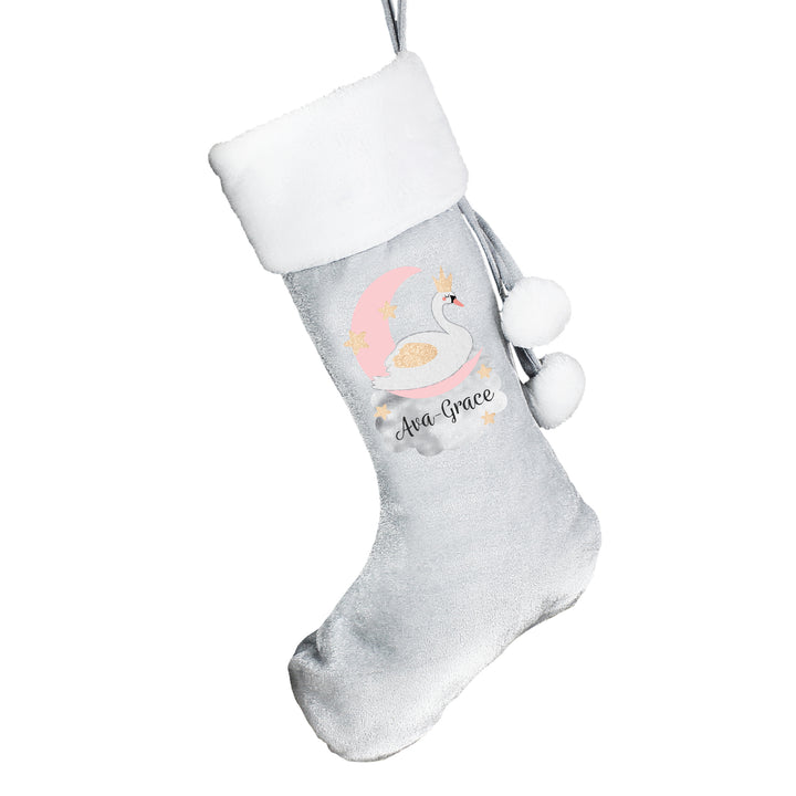 Buy Personalised Swan Lake Luxury Silver Grey Stocking at www.giftsfinder.co.uk