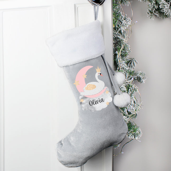 Buy Personalised Swan Lake Luxury Silver Grey Stocking at www.giftsfinder.co.uk