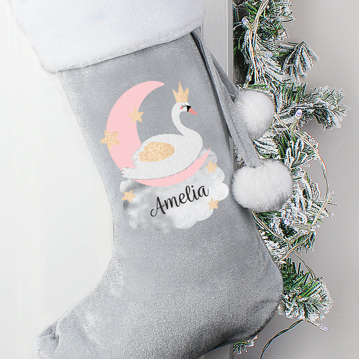 Buy Personalised Swan Lake Luxury Silver Grey Stocking at www.giftsfinder.co.uk