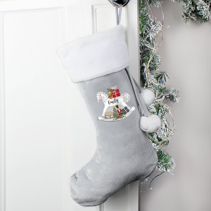 Personalised Rocking Horse Luxury Silver Grey Stocking - part of the Gifts Finder Personalised Children's Christmas Stockings collection