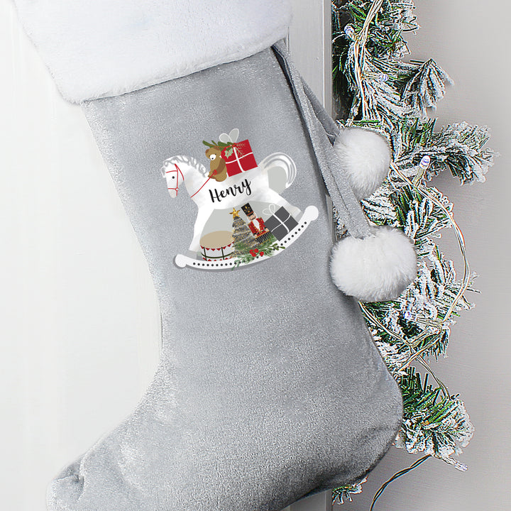 Personalised Rocking Horse Luxury Silver Grey Stocking - part of the Gifts Finder Personalised Children's Christmas Stockings collection