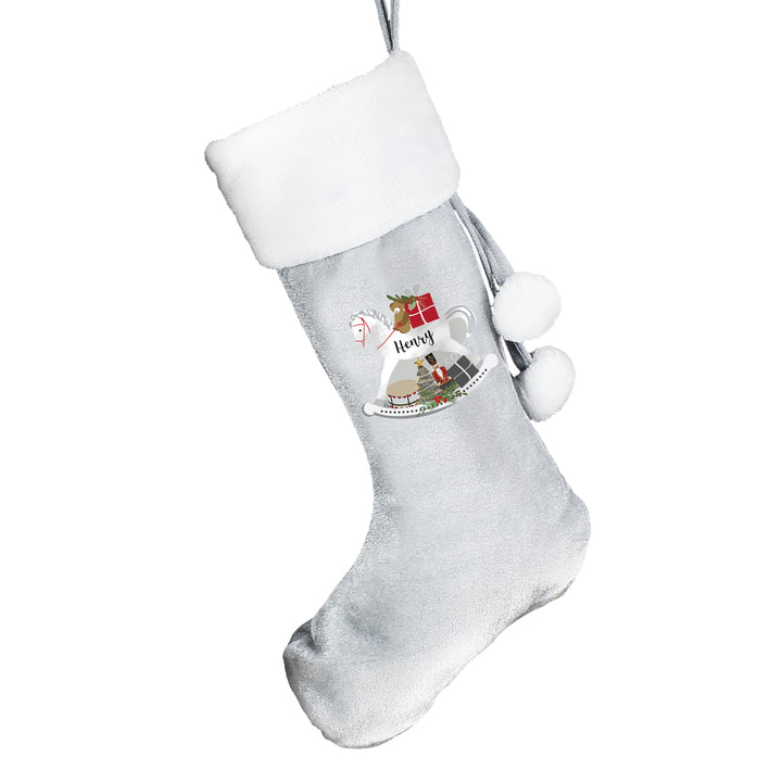 Personalised Rocking Horse Luxury Silver Grey Stocking - part of the Gifts Finder Personalised Children's Christmas Stockings collection