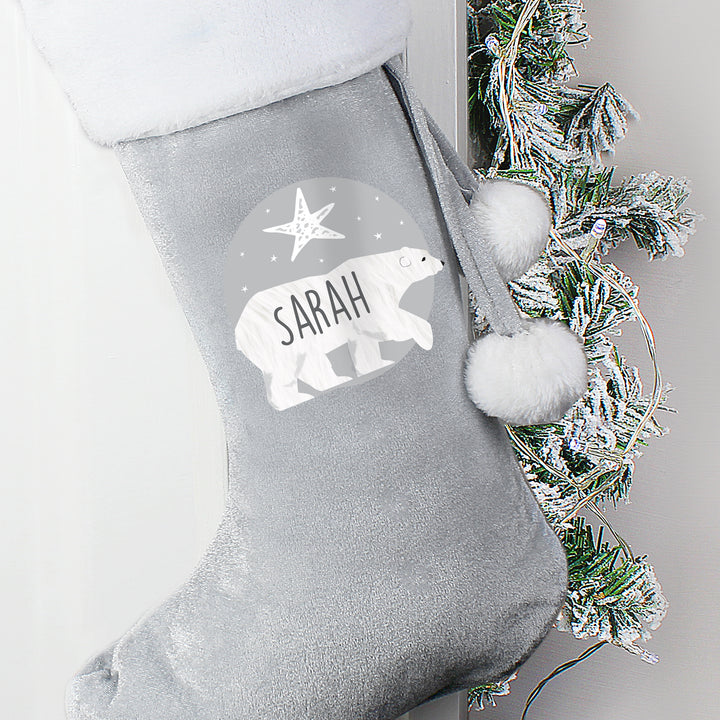 Personalised Polar Bear Luxury Silver Grey Stocking - part of the Gifts Finder Personalised Children's Christmas Stockings collection