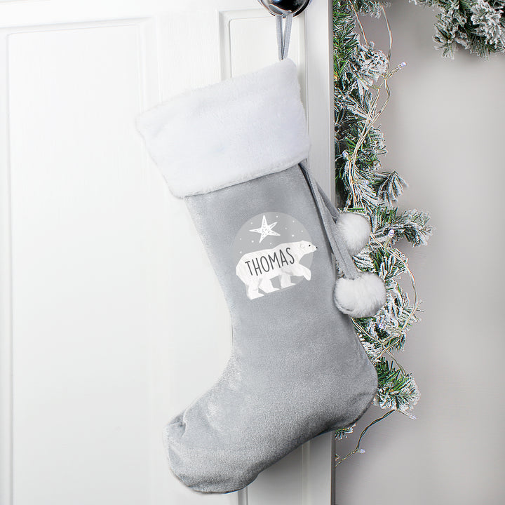 Personalised Polar Bear Luxury Silver Grey Stocking - part of the Gifts Finder Personalised Children's Christmas Stockings collection