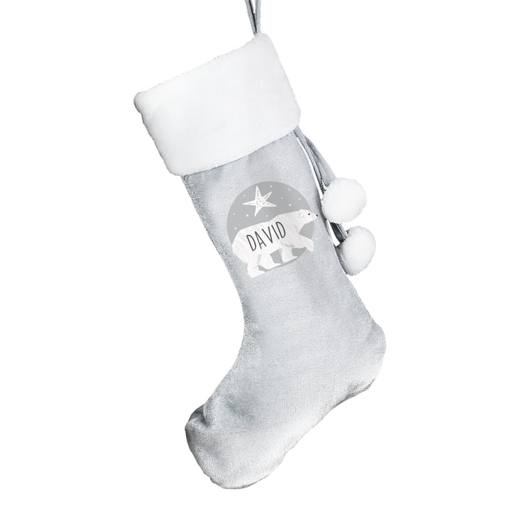 Personalised Polar Bear Luxury Silver Grey Stocking - part of the Gifts Finder Personalised Children's Christmas Stockings collection