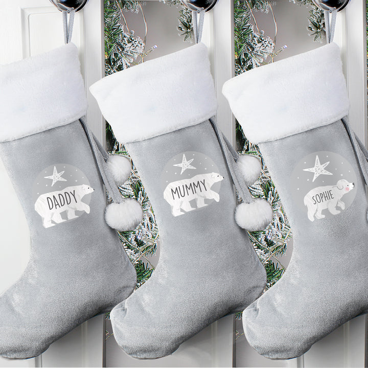 Personalised Polar Bear Luxury Silver Grey Stocking - part of the Gifts Finder Personalised Children's Christmas Stockings collection