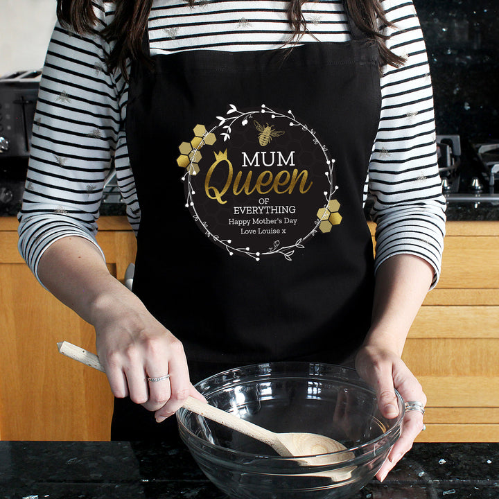 Buy Personalised Queen Bee Black Apron at www.giftsfinder.co.uk