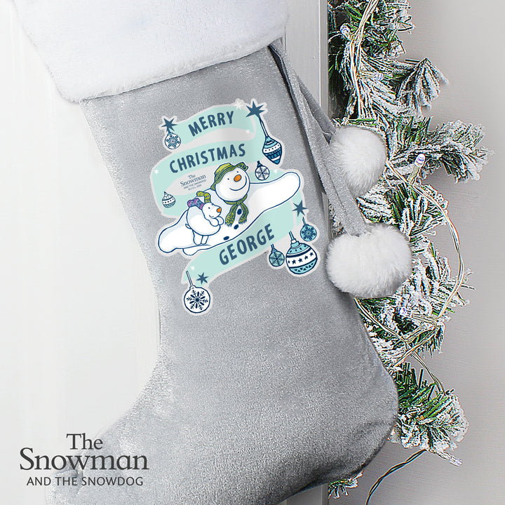 Buy Personalised The Snowman and the Snowdog Luxury Silver Grey Stocking at www.giftsfinder.co.uk