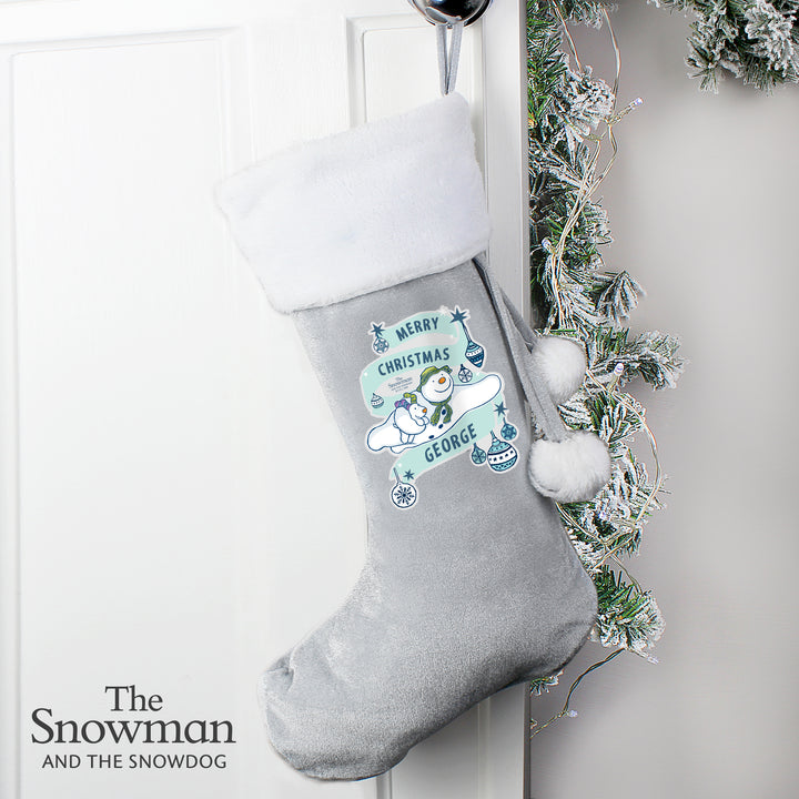 Buy Personalised The Snowman and the Snowdog Luxury Silver Grey Stocking at www.giftsfinder.co.uk