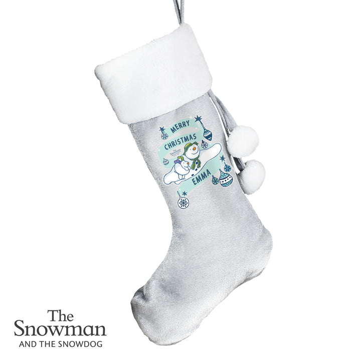 Buy Personalised The Snowman and the Snowdog Luxury Silver Grey Stocking at www.giftsfinder.co.uk