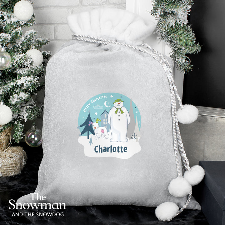 Buy Personalised The Snowman and the Snowdog Luxury Silver Grey Pom Pom Children's Christmas Sack at www.giftsfinder.co.uk