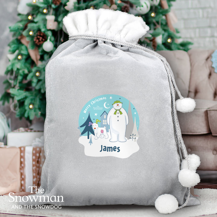 Buy Personalised The Snowman and the Snowdog Luxury Silver Grey Pom Pom Children's Christmas Sack at www.giftsfinder.co.uk