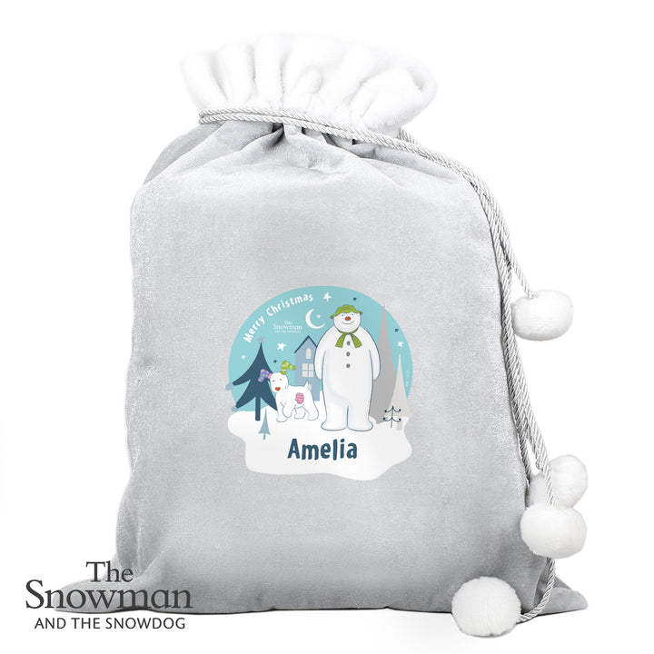 Buy Personalised The Snowman and the Snowdog Luxury Silver Grey Pom Pom Children's Christmas Sack at www.giftsfinder.co.uk