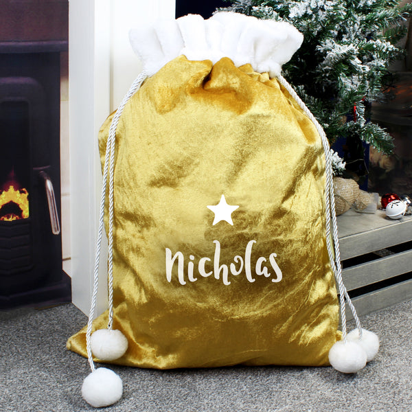 Buy Personalised Name Only Gold Luxury Pom Pom Children's Christmas Sack at www.giftsfinder.co.uk