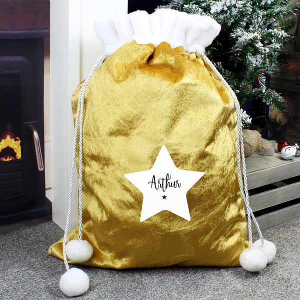 Buy Personalised Star Luxury Pom Pom Gold Children's Christmas Sack at www.giftsfinder.co.uk