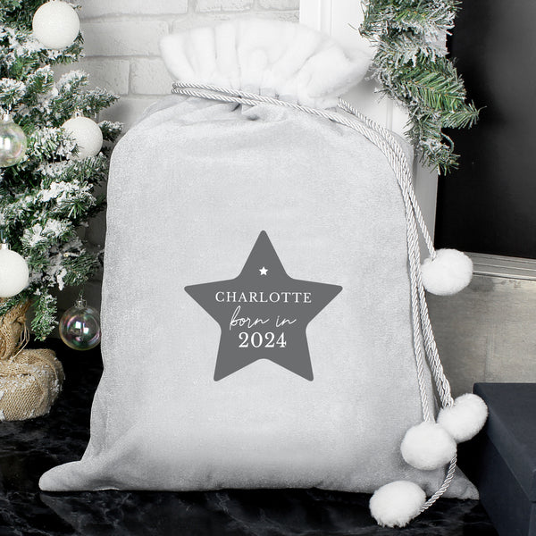 Buy Personalised Born In Luxury Silver Christmas Grey Pom Pom Children's Christmas Sack available now at www.giftsfinder.co.uk