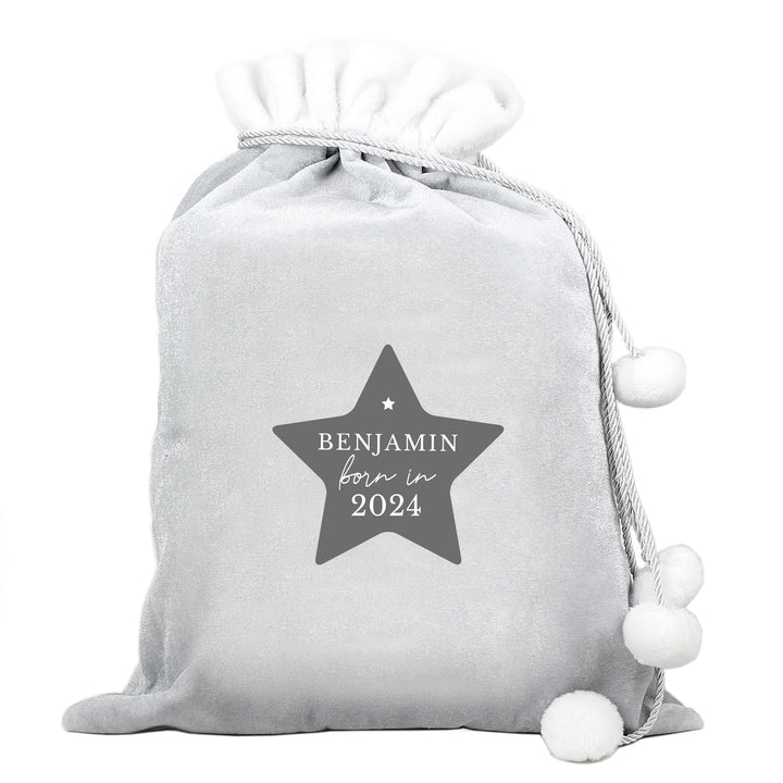 Personalised Born In Luxury Silver Christmas Grey Pom Pom Children's Christmas Sack - part of the Gifts Finder Personalised Christmas Sacks collection