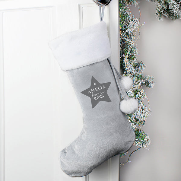 Buy Personalised Born In Luxury Silver Grey Stocking available now at www.giftsfinder.co.uk