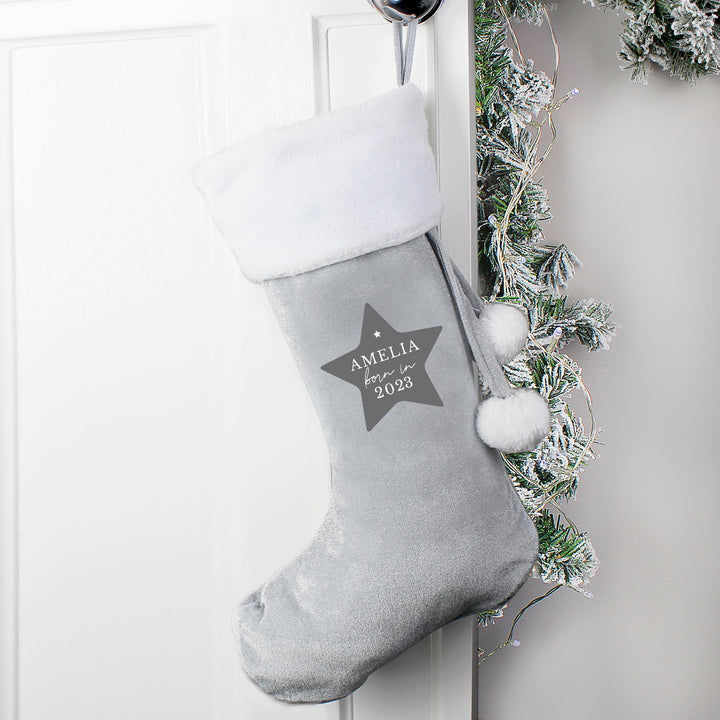 Personalised Born In Luxury Silver Grey Stocking - part of the Gifts Finder Personalised Children's Christmas Stockings collection