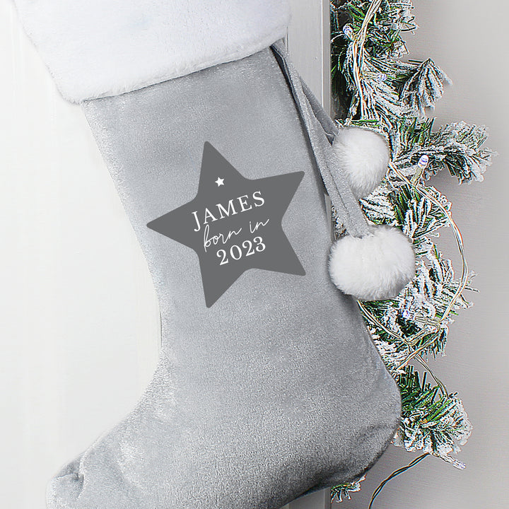 Personalised Born In Luxury Silver Grey Stocking - part of the Gifts Finder Personalised Children's Christmas Stockings collection