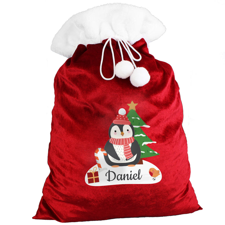 Personalised Christmas Penguin Luxury Pom Pom Red Children's Christmas Sack - part of the Gifts Finder Personalised Christmas Sacks collection