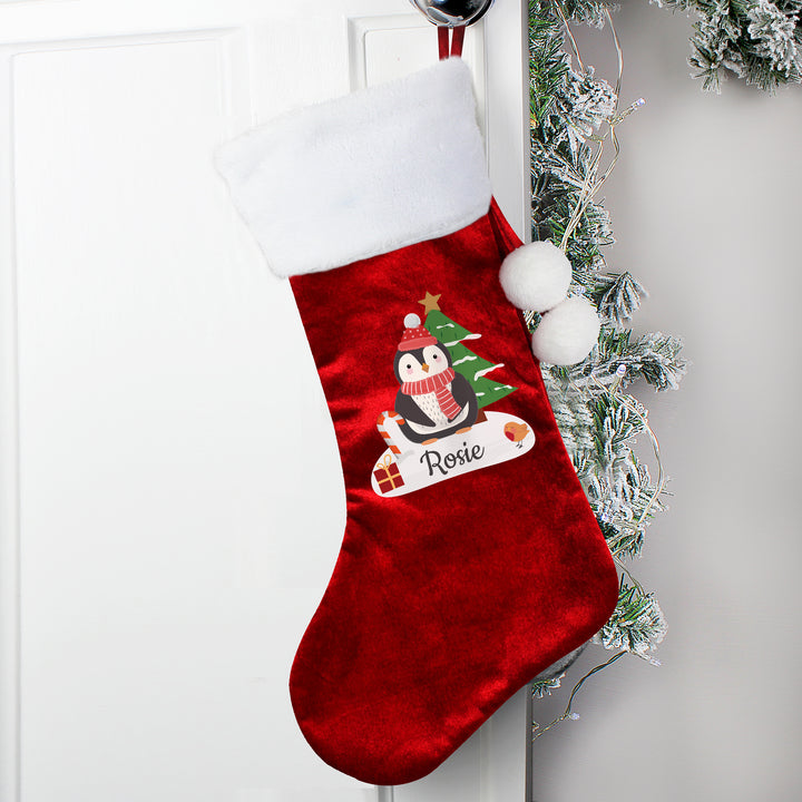 Personalised Christmas Penguin Red Stocking - part of the Gifts Finder Personalised Children's Christmas Stockings collection