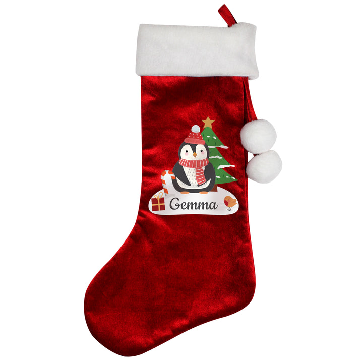 Personalised Christmas Penguin Red Stocking - part of the Gifts Finder Personalised Children's Christmas Stockings collection