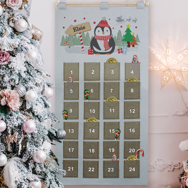 Buy Personalised Christmas Penguin Advent Calendar In Silver Grey available now at www.giftsfinder.co.uk