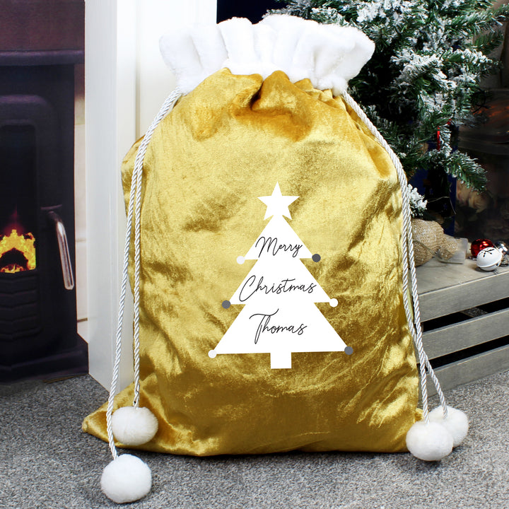 Personalised Christmas Tree Luxury Pom Pom Gold Children's Christmas Sack - part of the Gifts Finder Personalised Christmas Sacks collection