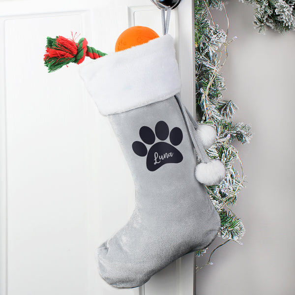 Buy Personalised Paw Print Silver Grey Stocking at www.giftsfinder.co.uk