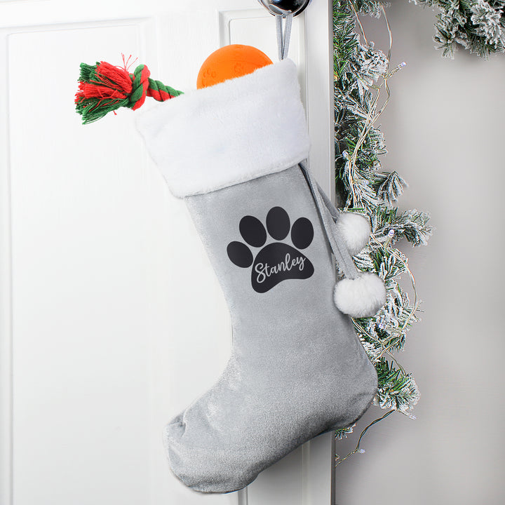 Buy Personalised Paw Print Silver Grey Stocking at www.giftsfinder.co.uk