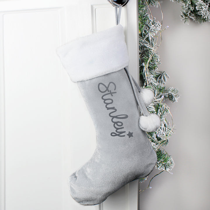 Buy Personalised Name Only Silver Grey Stocking at www.giftsfinder.co.uk