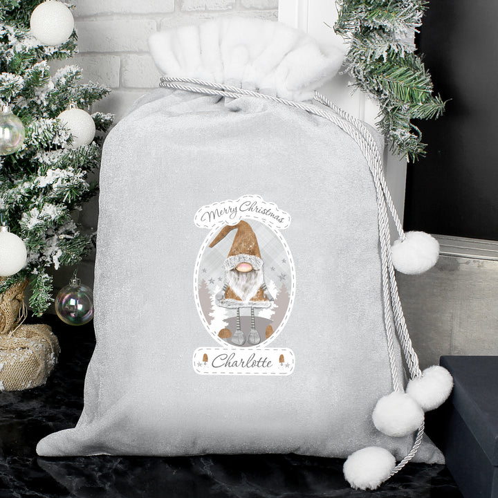 Personalised Christmas Gonk Luxury Silver Grey Pom Pom Sack - part of the Gifts Finder Personalised Children's Christmas Stockings collection