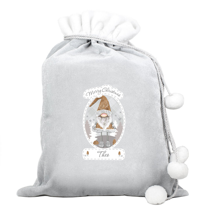 Personalised Christmas Gonk Luxury Silver Grey Pom Pom Sack - part of the Gifts Finder Personalised Children's Christmas Stockings collection