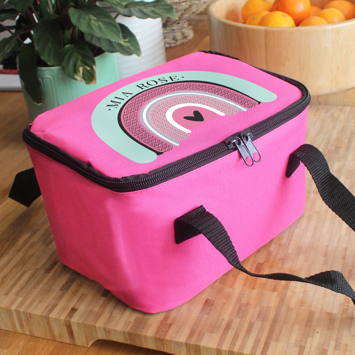 Buy Personalised Rainbow Pink Lunch Bag at www.giftsfinder.co.uk