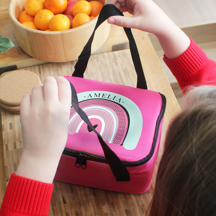 Buy Personalised Rainbow Pink Lunch Bag at www.giftsfinder.co.uk