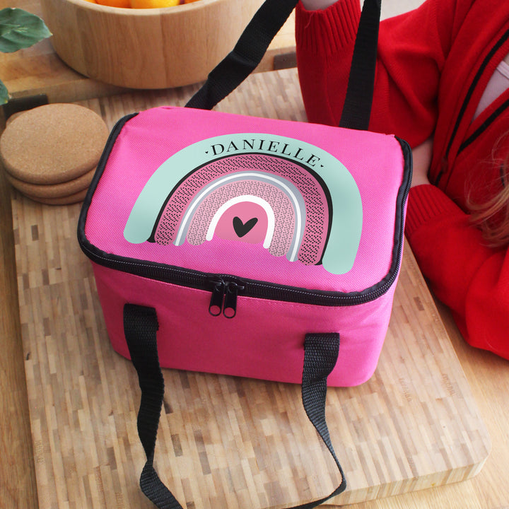 Buy Personalised Rainbow Pink Lunch Bag at www.giftsfinder.co.uk