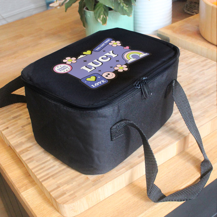 Buy Personalised Good Vibes Black Lunch Bag available now at www.giftsfinder.co.uk