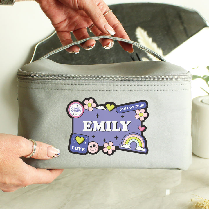 Buy Personalised Good Vibes Grey Toiletry Bag available now at www.giftsfinder.co.uk