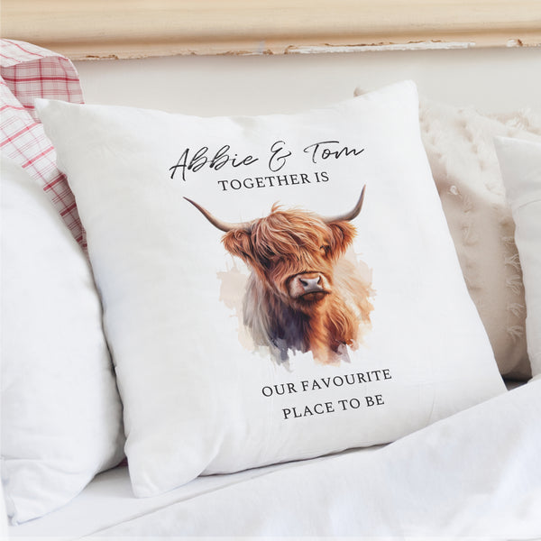 Buy Personalised Highland Cow Cushion available now at www.giftsfinder.co.uk