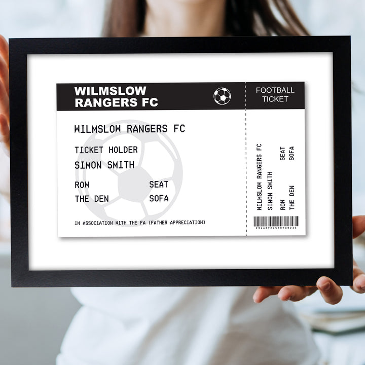 Buy Personalised Football Ticket A4 Black Framed Print available now at www.giftsfinder.co.uk